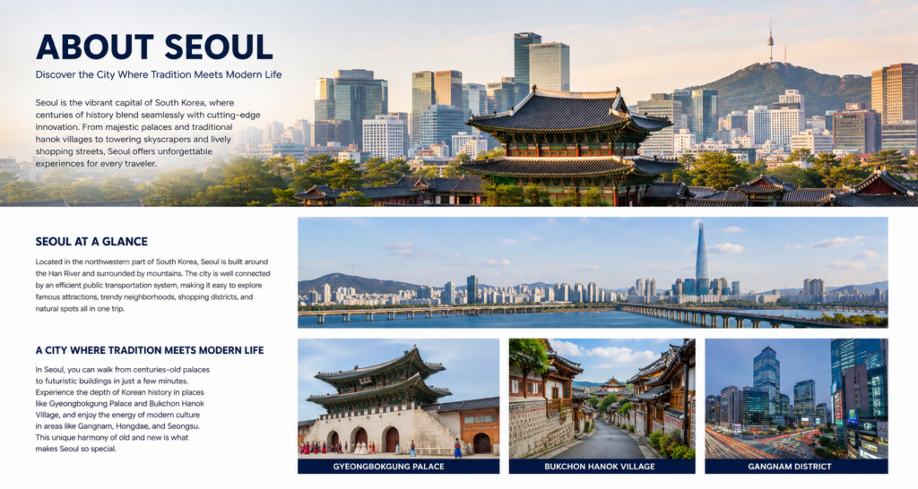 Seoul skyline featuring historic palaces, Bukchon Hanok Village, and N Seoul Tower