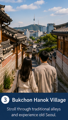 Bukchon Hanok Village traditional alley with N Seoul Tower in the background