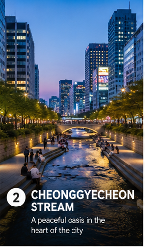 Cheonggyecheon Stream at night with city lights in downtown Seoul