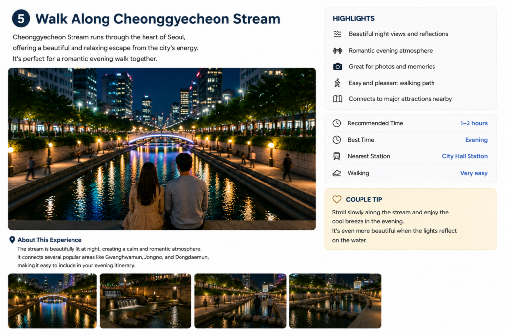 Cheonggyecheon Stream at night with illuminated bridges, city lights, and a couple walking along the water in Seoul