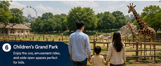 Family watching a giraffe at Children's Grand Park in Seoul
