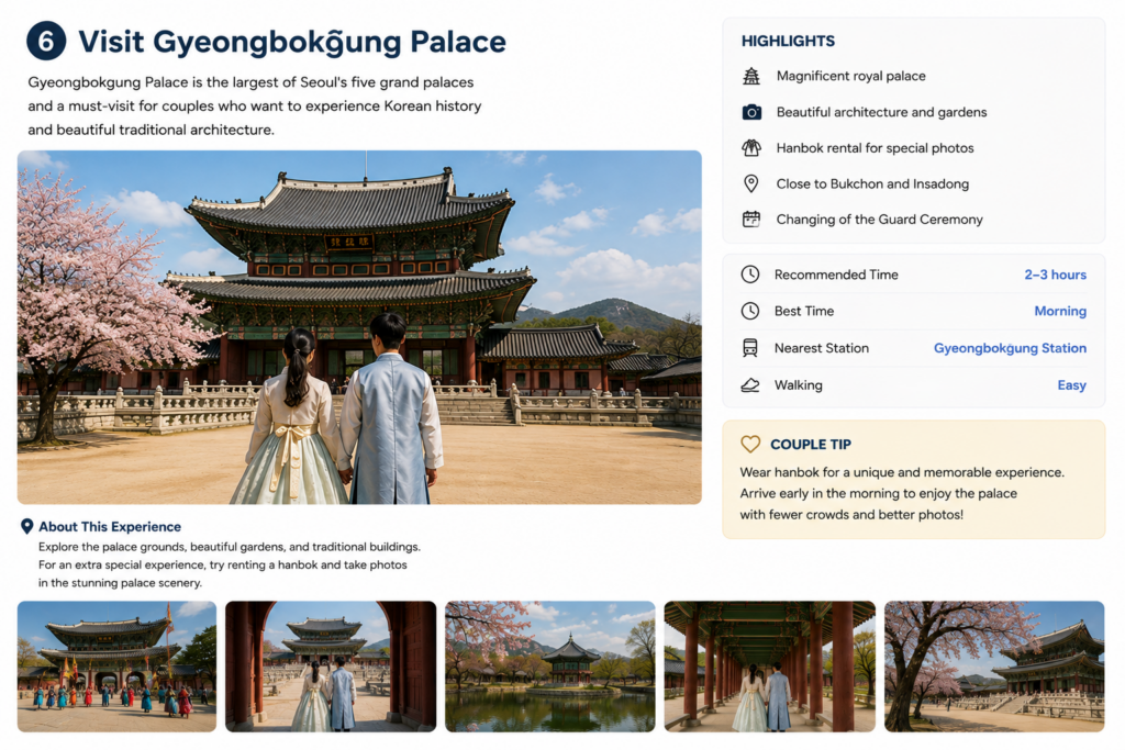 Couple wearing traditional hanbok in front of Gyeongbokgung Palace in Seoul, with cherry blossoms in spring.