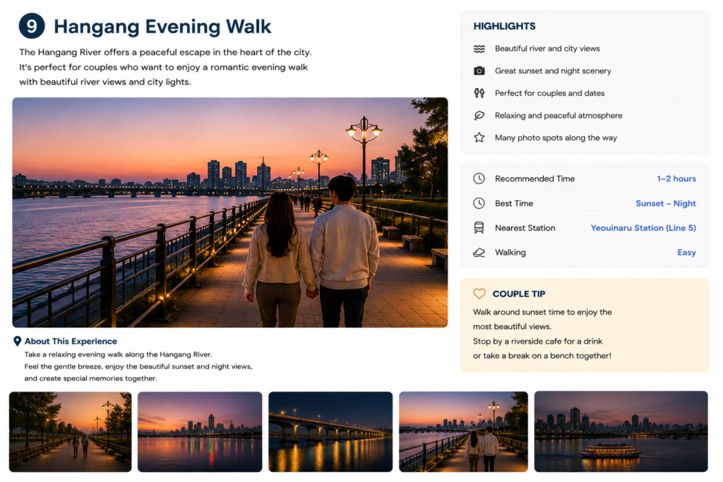 Evening walk along the Han River in Seoul with city lights and a couple watching the sunset
