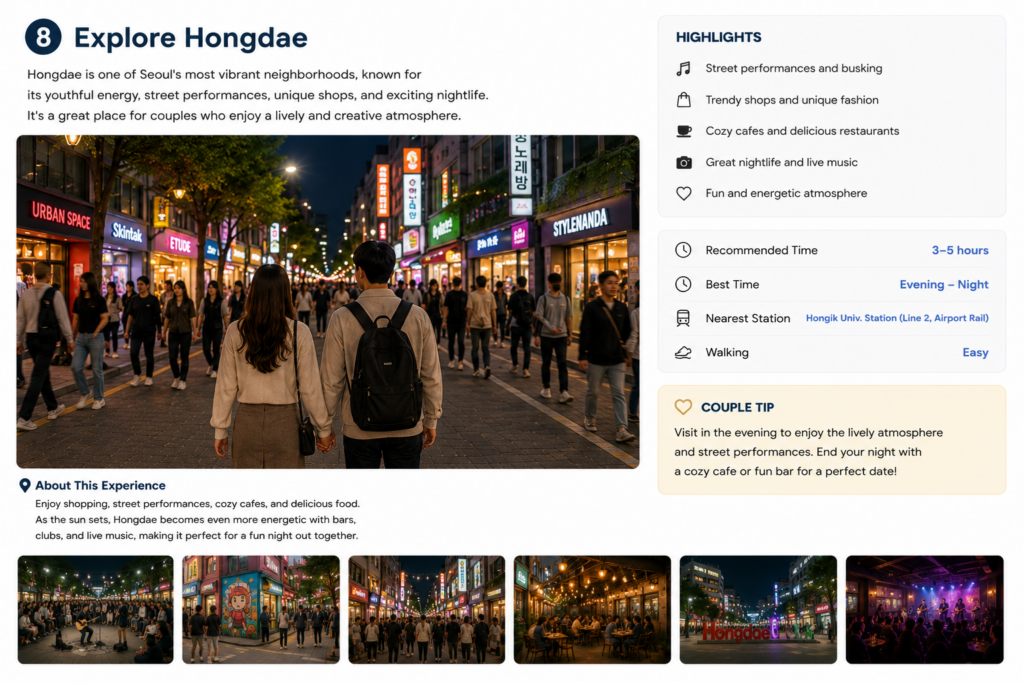 Hongdae street at night with colorful signs, shops, and crowds in Seoul