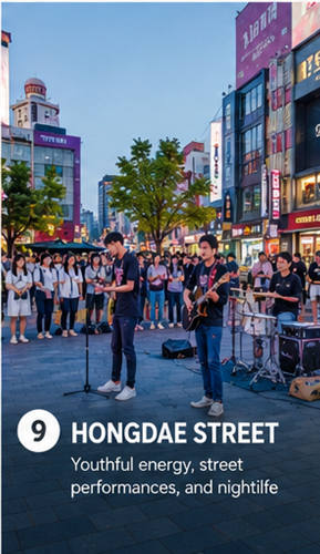 Street music performance on Hongdae Street with a crowd in Seoul