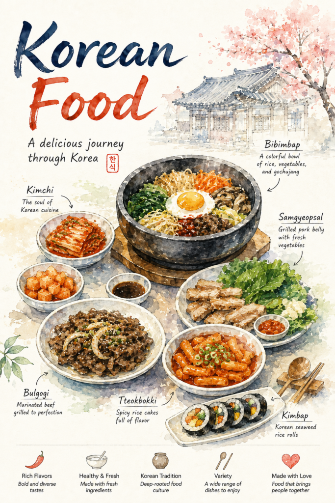 10 Korean foods to try in Seoul including samgyeopsal, bibimbap, tteokbokki, bulgogi, kimchi jjigae, naengmyeon and kimbap