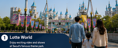 Lotte World theme park castle with a family visiting in Seoul-Things to Do in Seoul with Kids