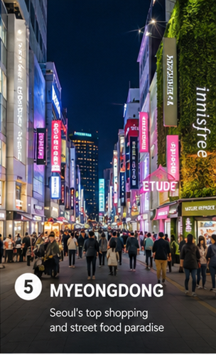 Myeongdong shopping street at night with shops and crowds in Seoul
