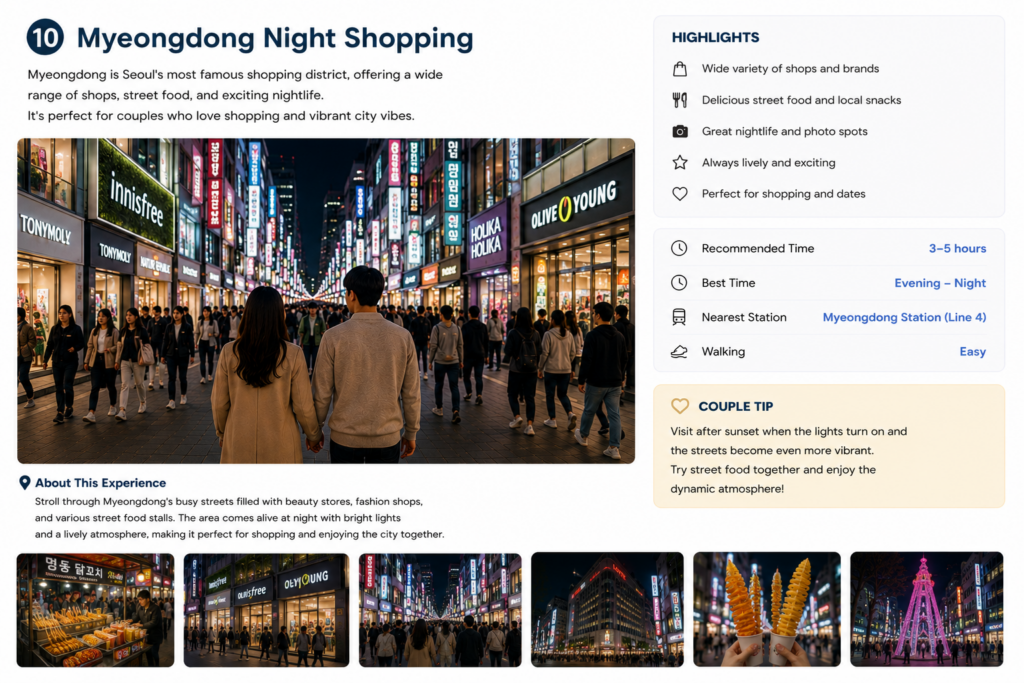 Myeongdong shopping street at night with bright signs, shops, and crowds in Seoul