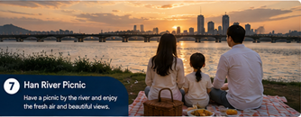 Family enjoying a picnic by the Han River at sunset in Seoul