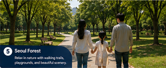 Family walking through the green trees and park paths at Seoul Forest in Seoul