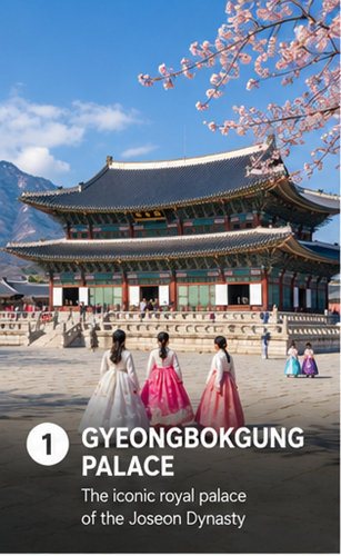 Gyeongbokgung Palace with visitors wearing hanbok and spring blossoms in Seoul