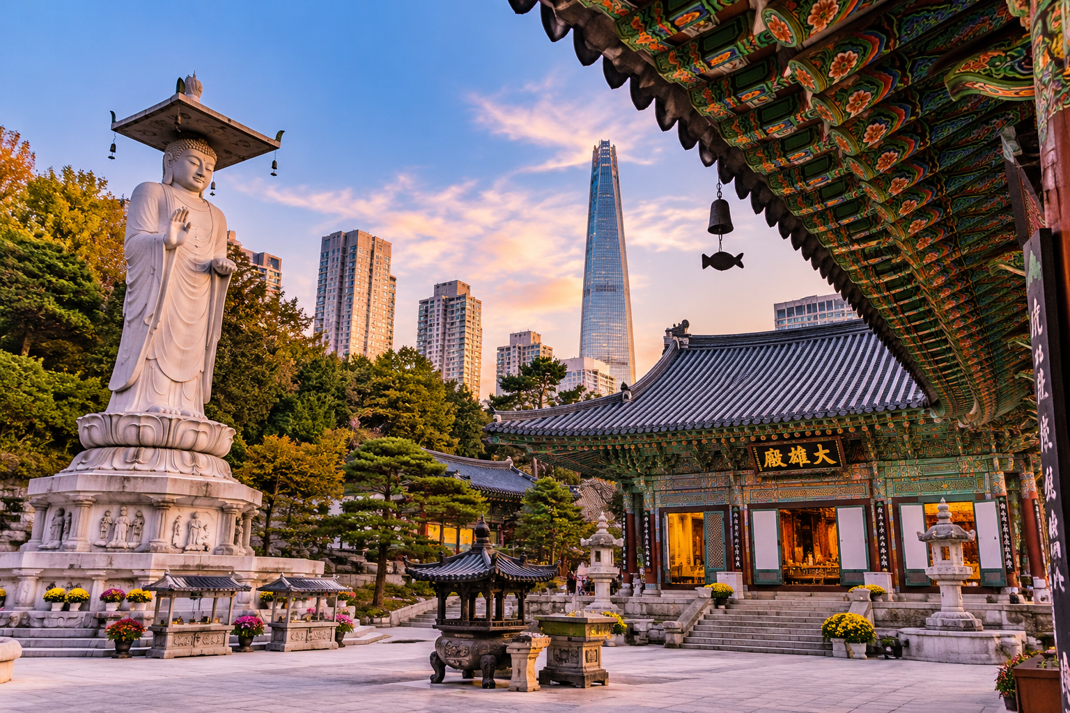 Bongeunsa Temple in Gangnam featuring giant Mireuk-daebul Buddha statue, Daeungjeon Hall, and Lotte World Tower skyline