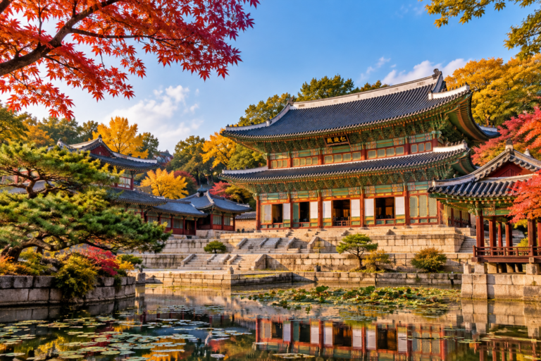 Changdeokgung Palace Secret Garden in autumn featuring Juhamru Pavilion reflected on Buyongji pond surrounded by colorful autumn foliage