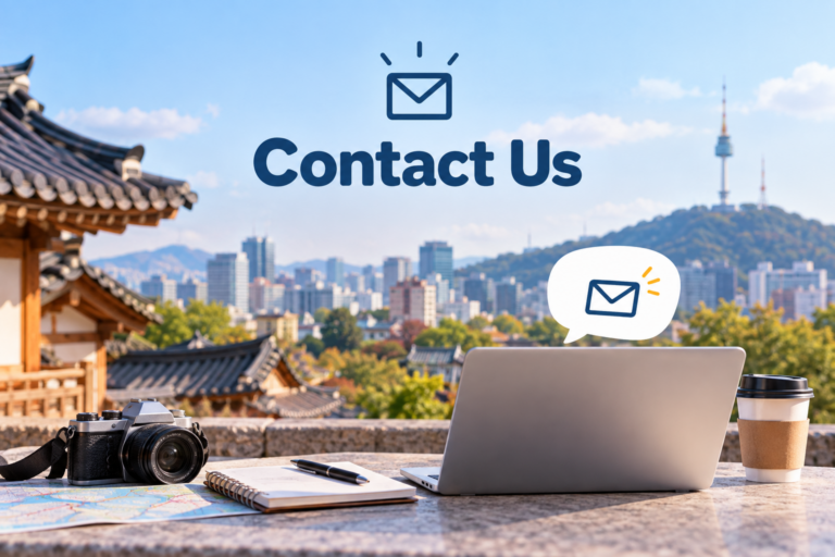 Seoul Travel Tips Contact Us page with Seoul skyline, traditional Korean rooftops, travel map, camera, laptop, and email icon