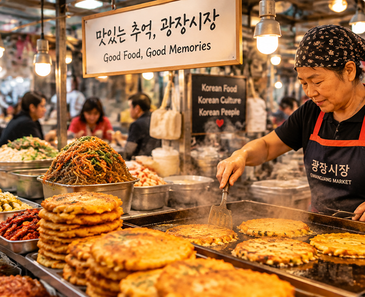 Korean mung bean pancakes and traditional street food at Gwangjang Market in Seoul