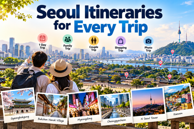 Seoul Itineraries for every trip featuring Gyeongbokgung Palace, Bukchon Hanok Village, Myeongdong, Cheonggyecheon, N Seoul Tower, and Itaewon