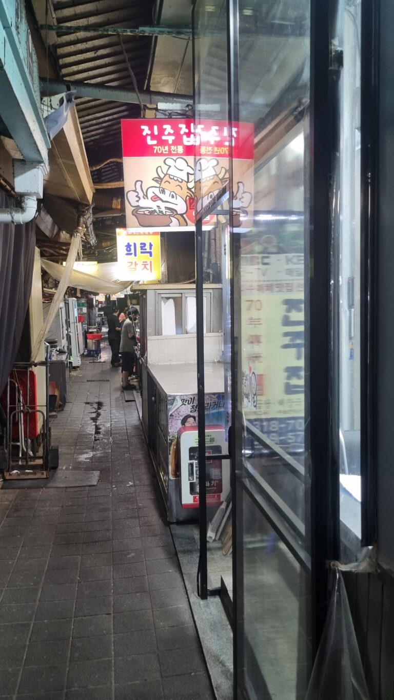 Narrow food alley at Namdaemun Market with small Korean restaurants in Seoul
