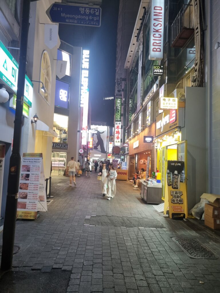 Quiet Myeongdong side street at night with restaurants, shops, and colorful signs