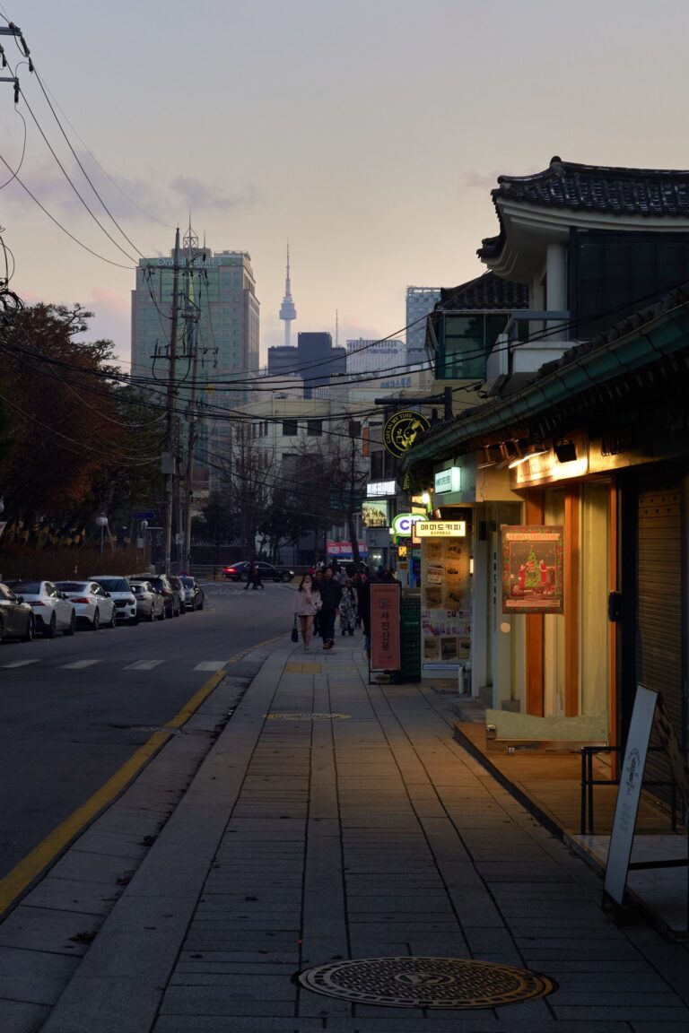 Itaewon street at dusk with N Seoul Tower in the background