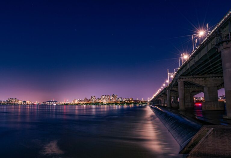 Han River & Hangang Parks night view with an illuminated bridge in Seoul