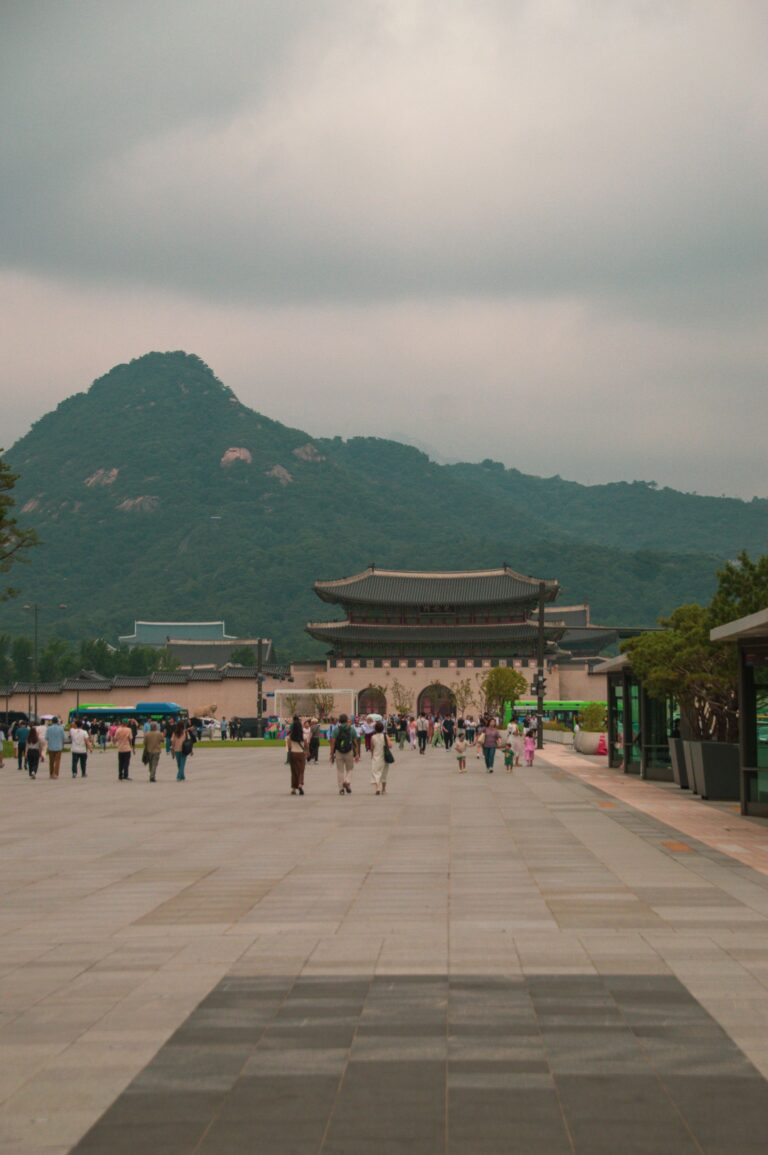 View of Gwanghwamun Gate and Bugaksan Mountain from Gwanghwamun Square in Seoul