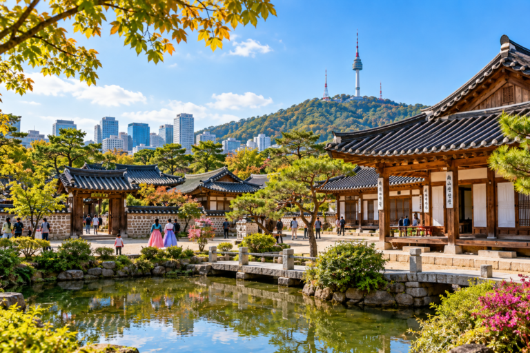 Namsangol Hanok Village with traditional Korean houses, a garden pond, and N Seoul Tower in autumn