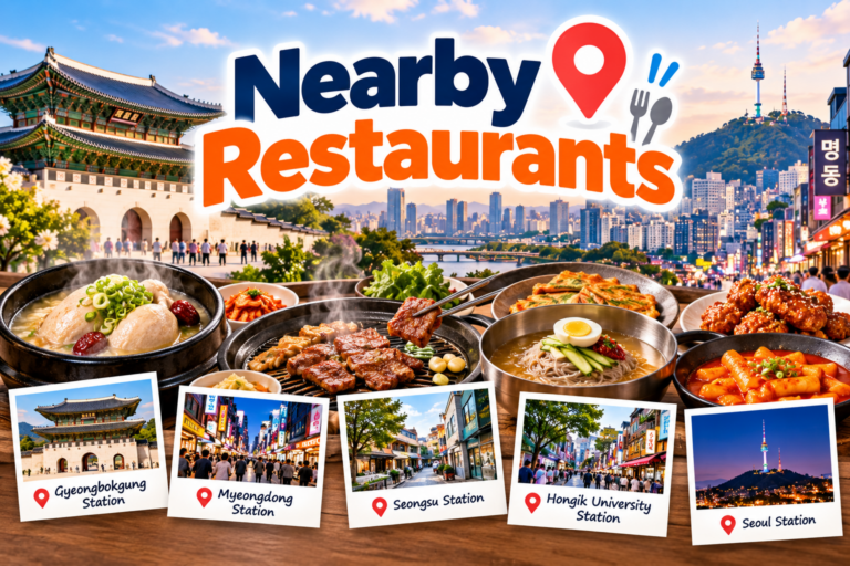 Nearby Restaurants in Seoul featuring Korean food near Gyeongbokgung, Myeongdong, Seongsu, Hongik University, and Seoul Station