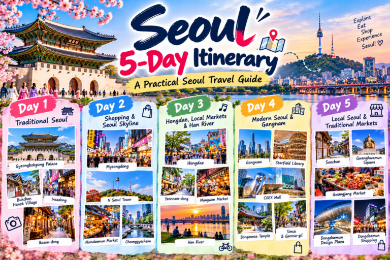 Seoul 5-Day Itinerary featuring Gyeongbokgung Palace, Bukchon Hanok Village, Myeongdong, N Seoul Tower, Hongdae, Gangnam, Gwangjang Market, and Dongdaemun