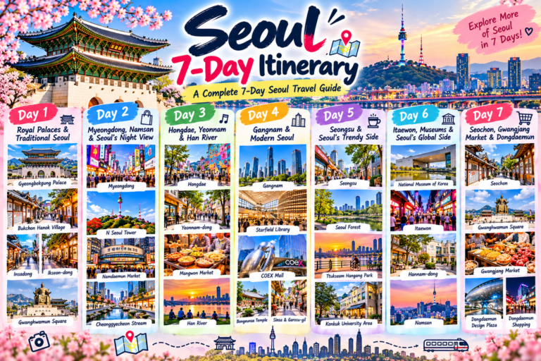 Seoul 7-Day Itinerary featuring Gyeongbokgung Palace, Bukchon Hanok Village, Myeongdong, N Seoul Tower, Hongdae, Gangnam, Seongsu, Itaewon, and Gwangjang Market