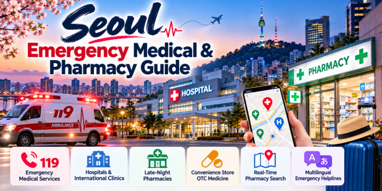 Seoul Emergency Medical & Pharmacy Guide featuring 119 emergency services, hospitals, late-night pharmacies, OTC medicine, real-time pharmacy search, and multilingual helplines