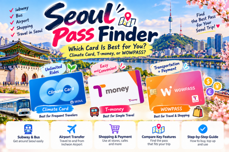Seoul Pass Finder comparing Climate Card, T-money, and WOWPASS for public transportation, airport travel, shopping, and payments in Seoul
