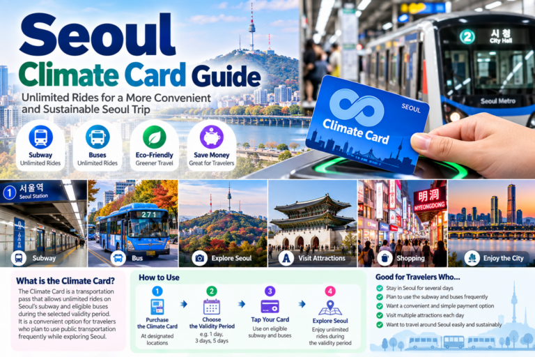 Seoul Climate Card Guide infographic explaining unlimited subway and bus rides, usage instructions, and benefits for travelers in Seoul.