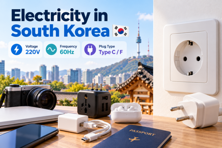 Electricity & Plugs in Seoul with 220V power, 60Hz frequency, and Type C and F plugs