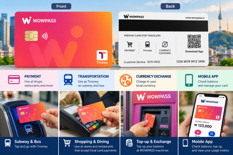 WOWPASS prepaid card guide showing transportation, payments, currency exchange, and mobile app features in Korea-WOWPASS Guide
