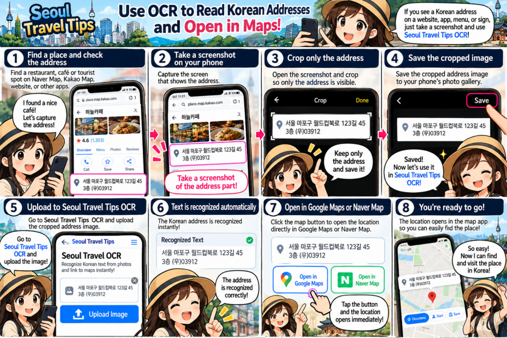 Seoul Travel OCR Guide showing how to capture Korean addresses, crop screenshots, and open locations in Google Maps or Naver Map