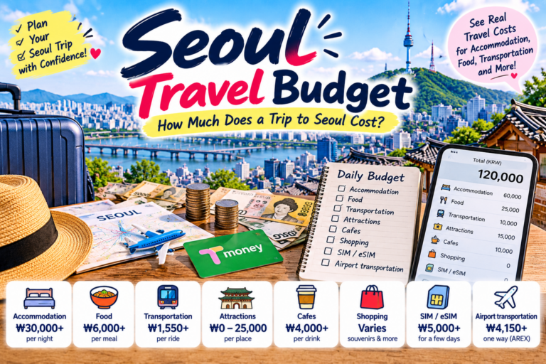 Seoul Travel Budget guide showing accommodation, food, transportation, attractions, cafes, shopping, SIM/eSIM, and airport transportation costs in Seoul.