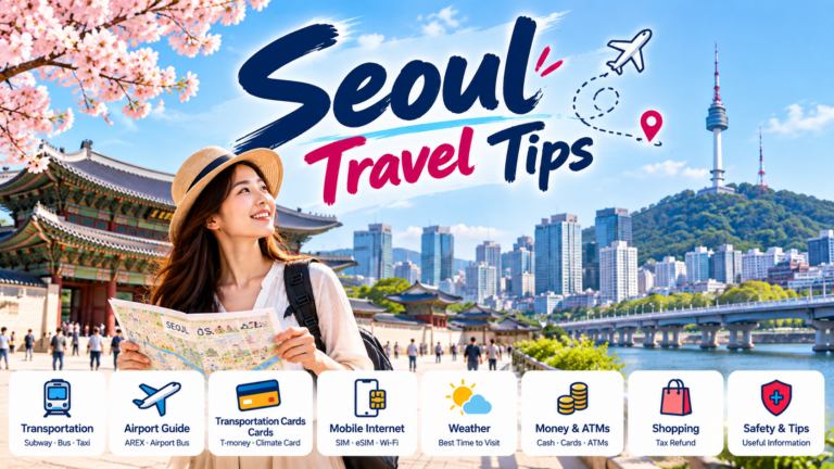 Seoul Travel Tips guide featuring Gyeongbokgung Palace, N Seoul Tower, Seoul skyline, transportation, airport travel, T-money, mobile internet, weather, money, shopping, and safety tips.