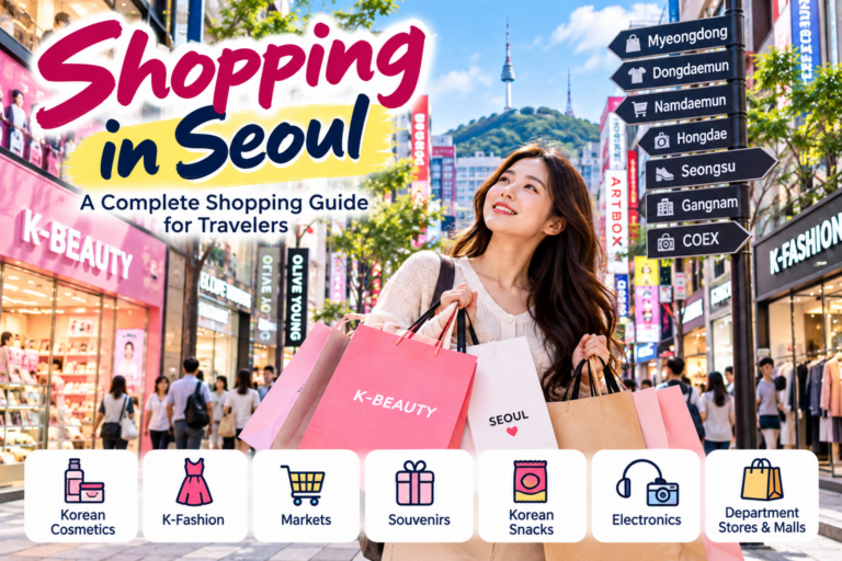 Shopping in Seoul guide featuring Myeongdong, Dongdaemun, Namdaemun, Hongdae, Seongsu, Gangnam, and COEX shopping areas, Korean cosmetics, K-fashion, souvenirs, snacks, and department stores