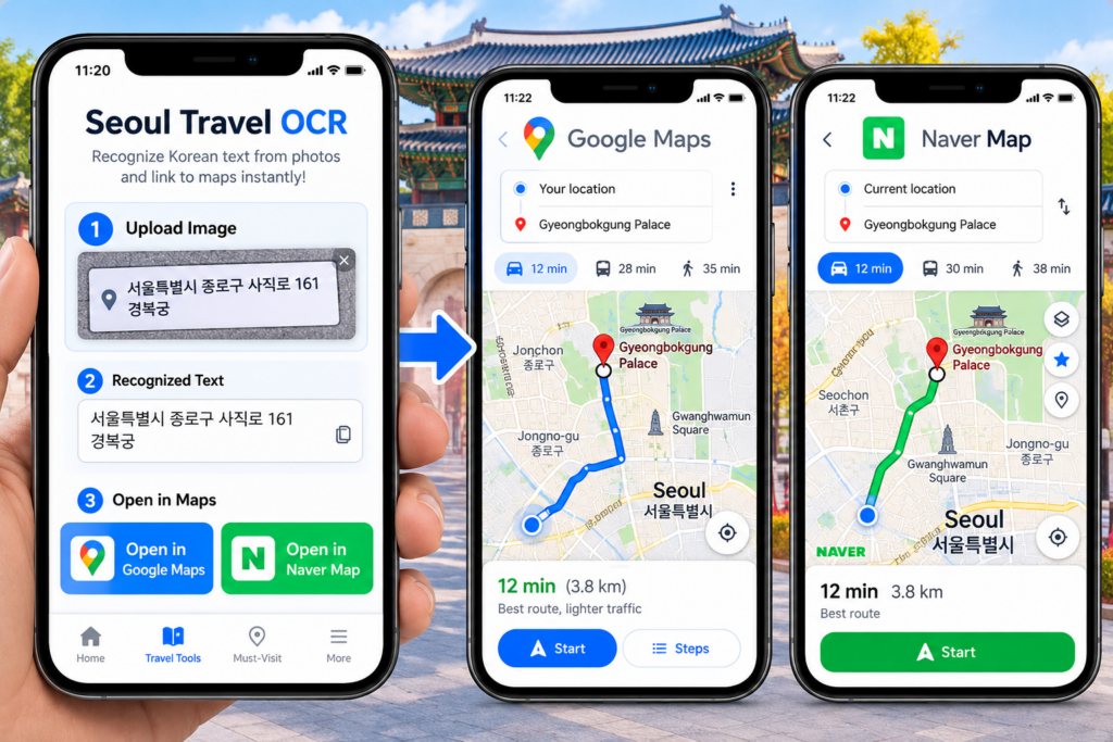 Seoul Travel OCR Guide showing Korean address recognition and navigation with Google Maps and Naver Map