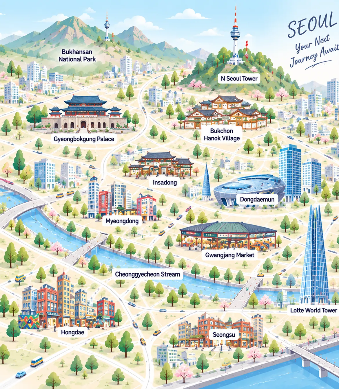 Seoul tourist map showing major attractions and travel areas