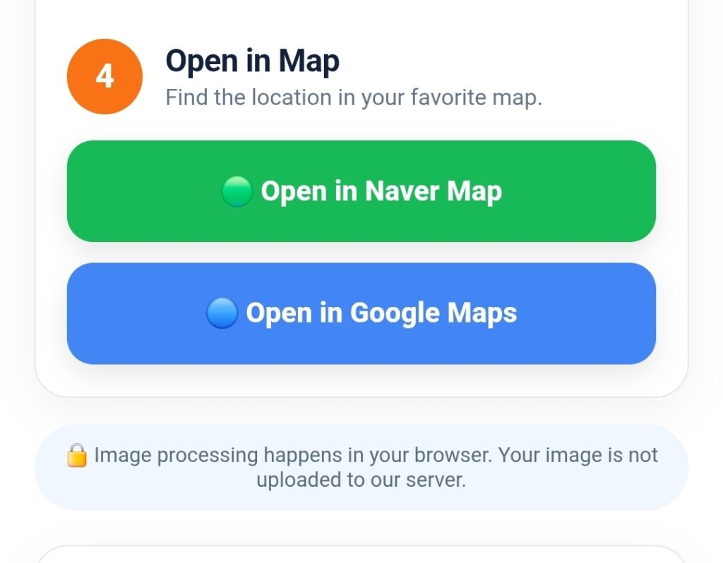Seoul Travel OCR Guide showing how to open a recognized location in Naver Map or Google Maps